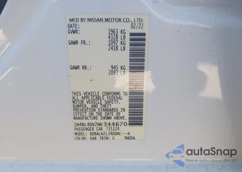 2022 Nissan Altima Sv Fwd из США, поврежденный, VIN 1N4BL4DV2NN344670